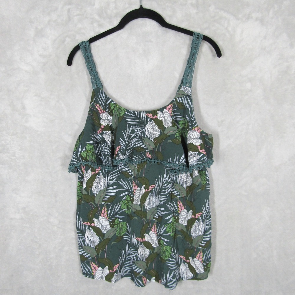 Suzanne Betro Women XL Green Tropical Floral Ruffle Tank Top Crochet Straps